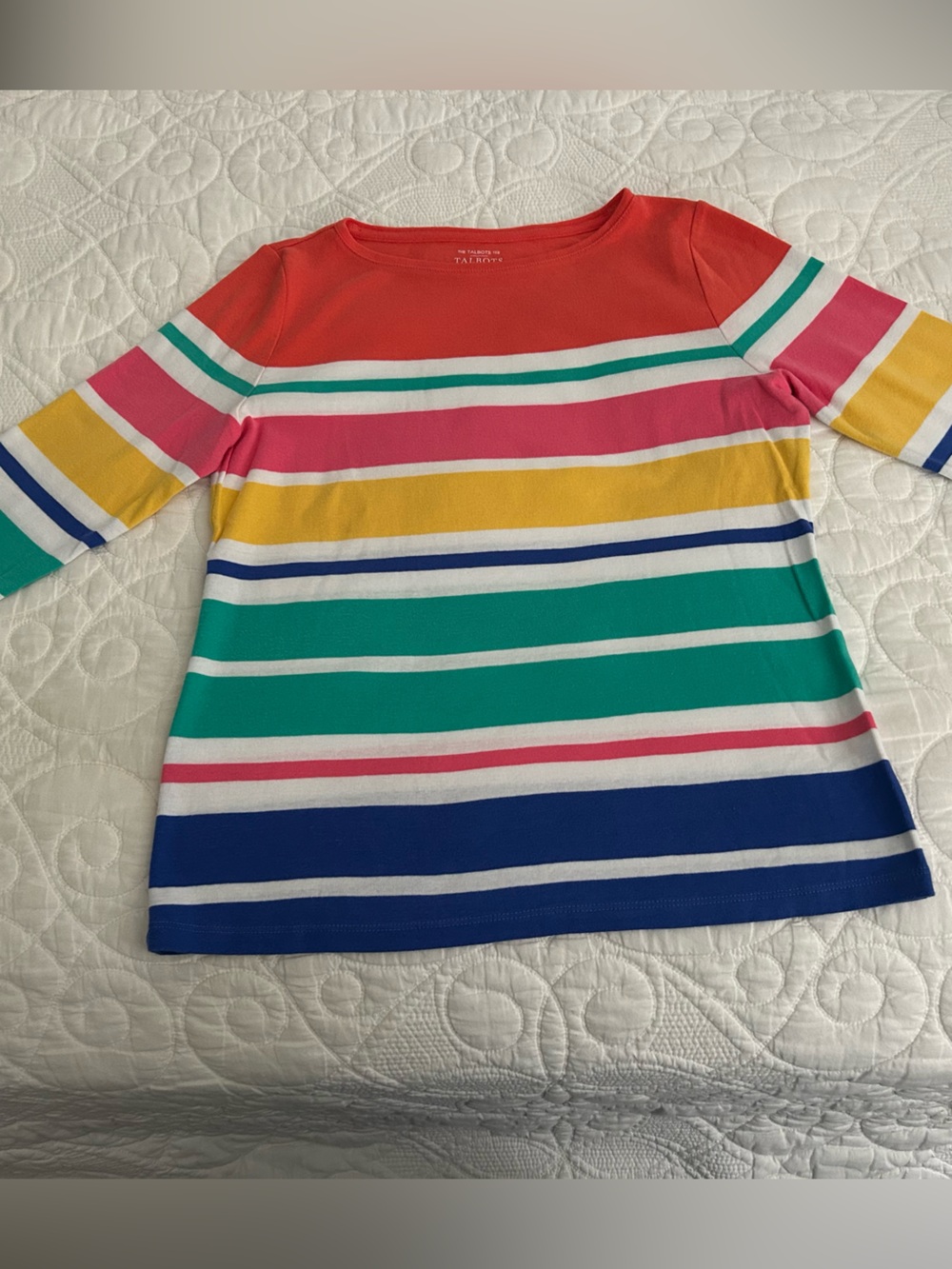 Talbots Coral and Multicolor Striped 3/4 Sleeve tee shirt 100% Cotton.